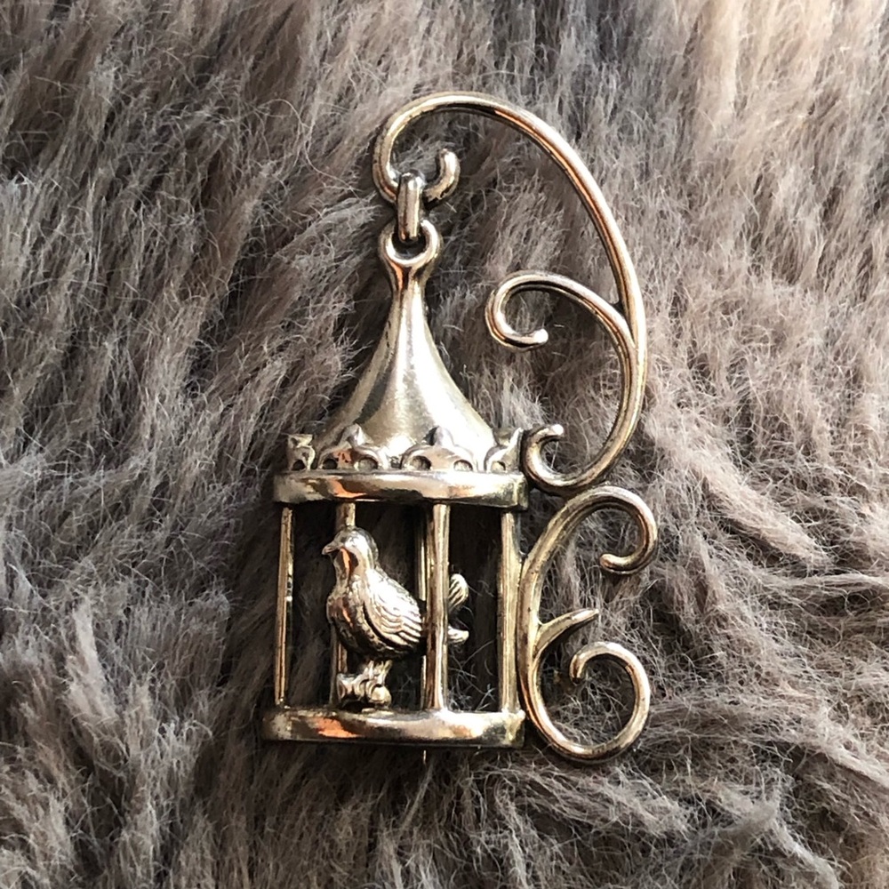 Vintage 1950s Lang Sterling bird cage brooch pin